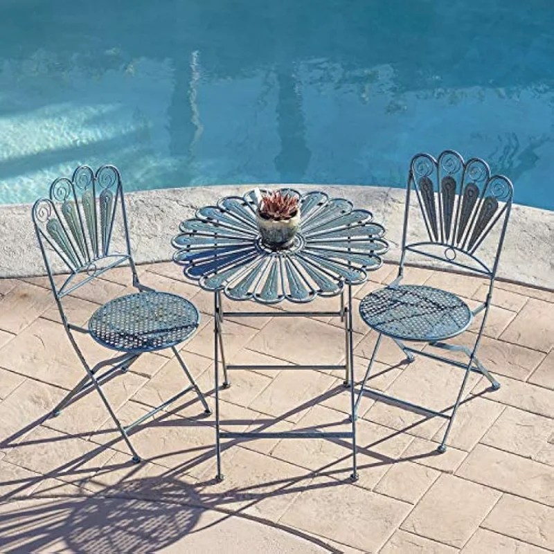 

Alpine Corporation Indoor/Outdoor 3-Piece Peacock Feather Rustic Metal Bistro Set Patio Seating, Light Blue, 30 Inch Tall