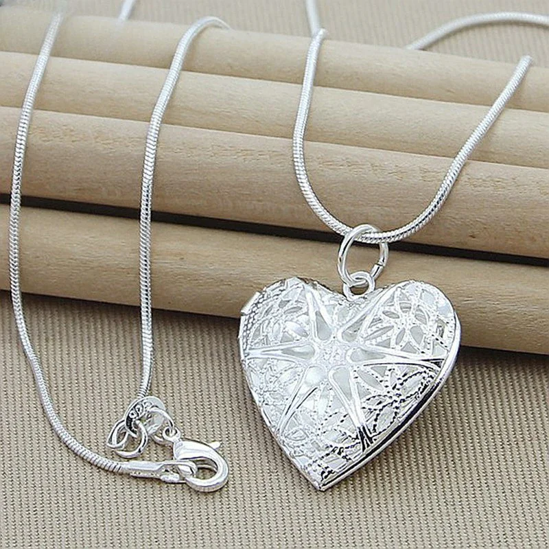 Pendant Necklace Silver Necklace Silver Pendant 925 Sterling Silver Heart Photo Frame Pendant Necklace 16-30 Inch Snake Chain For Woman Wedding Accessories