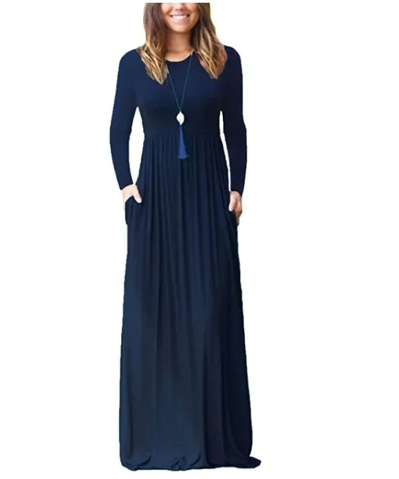 שמלת חורף עם שרוולים ארוכים וכיסים, צבע טהור, שמלת ערב ארוכה עם מחשוף עגול, אורך קרסול, מותג סיני לנשים