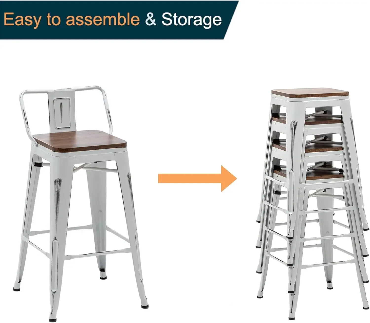 24" Metal Bar Stools Set of 4 Counter Height Barstools Industrial Counter Stool Kitchen Bar Chairs with Modern Wooden Seat