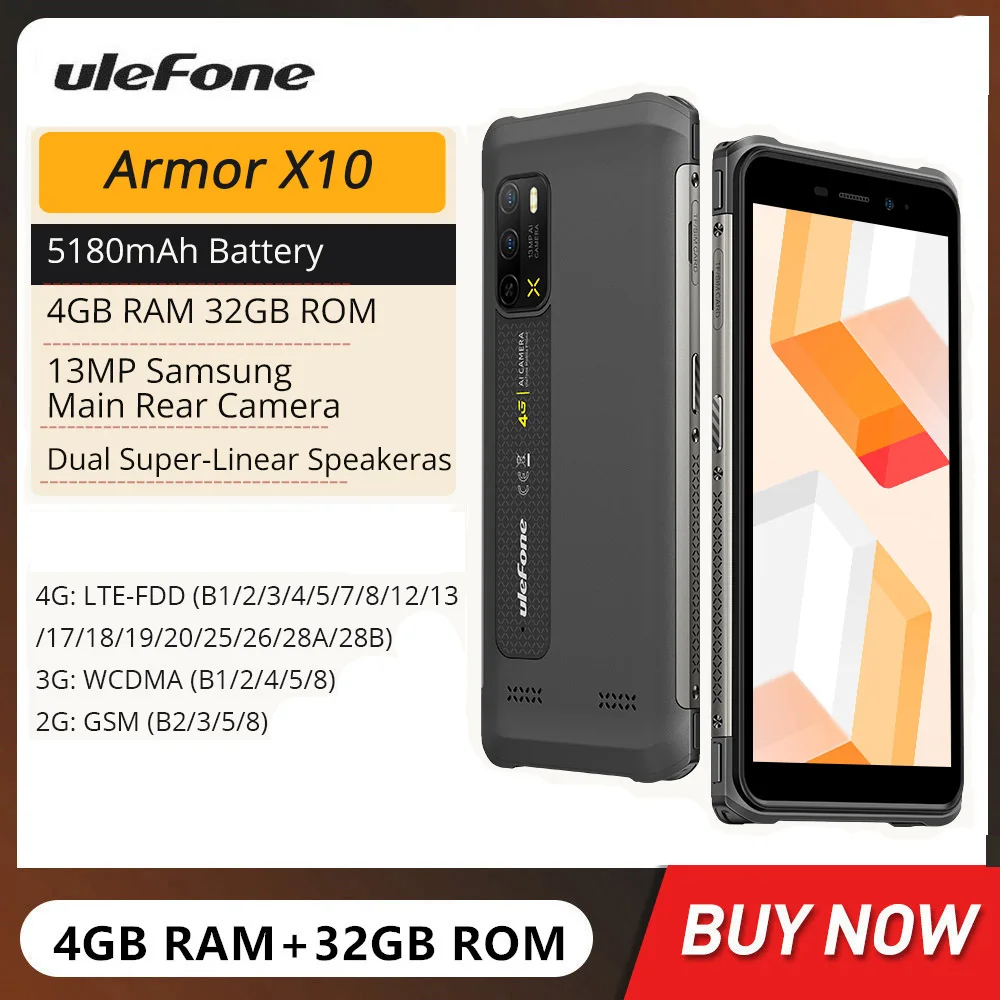 

Ulefone Armor X10 Waterproof Rugged Smartphone 4GB+32GB 5.45Inch 5180mAh Android 11 Mobile Phone 13MP Camera NFC Global Version