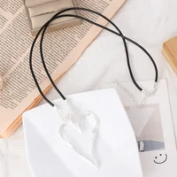 Amorcome Big Love Heart Pendant Long Necklace Trendy Jewelry for Women Black Leather Chains Suspension Necklace Bijoux Femme