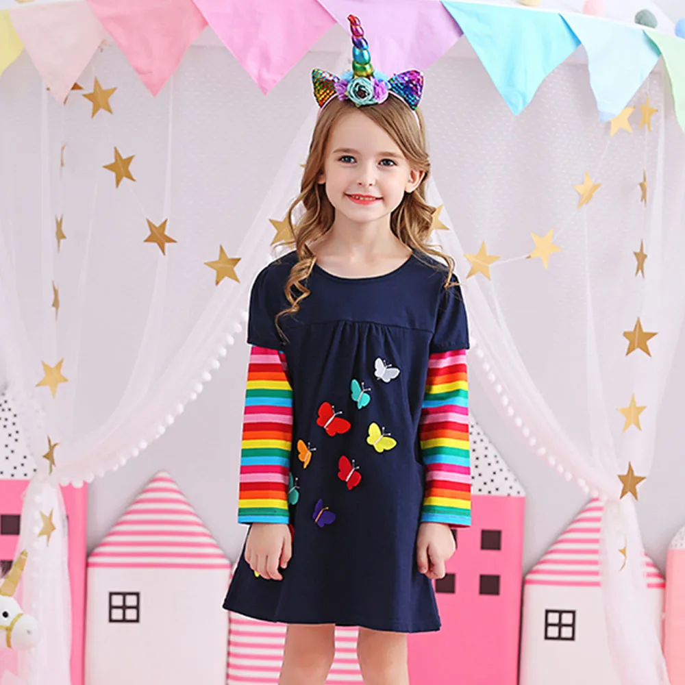 DXTON Birthday Girls Dresses Long Sleeve Baby Girls Winter Dresses Kids Cotton Clothing Casual for 2-8 Years Children