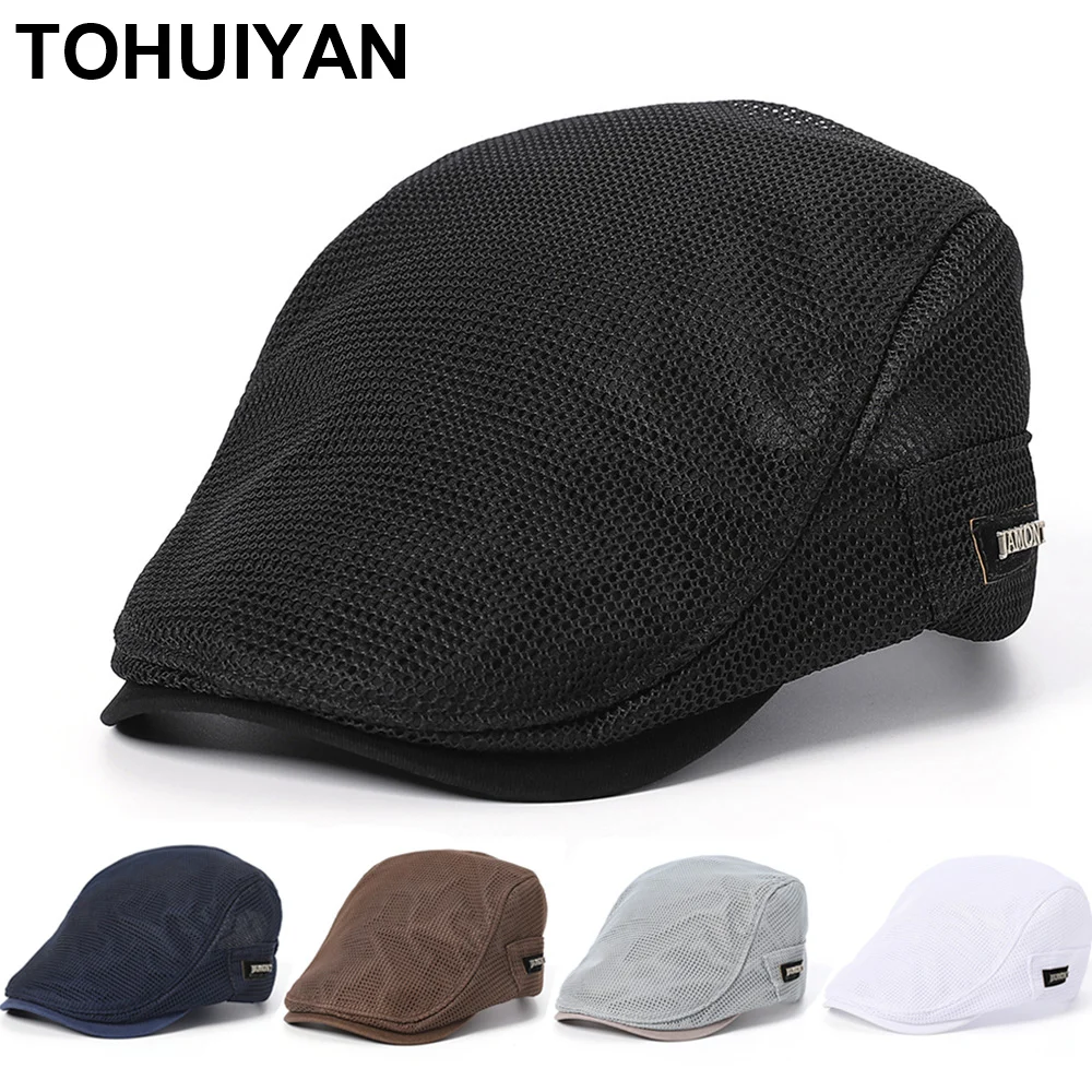 

TOHUIYAN Summer Mens Hats Breathable Mesh Newsboy Caps Outdoor Baker Boy Boinas Cabbie Hat Fashion Driving Flat Cap For Women