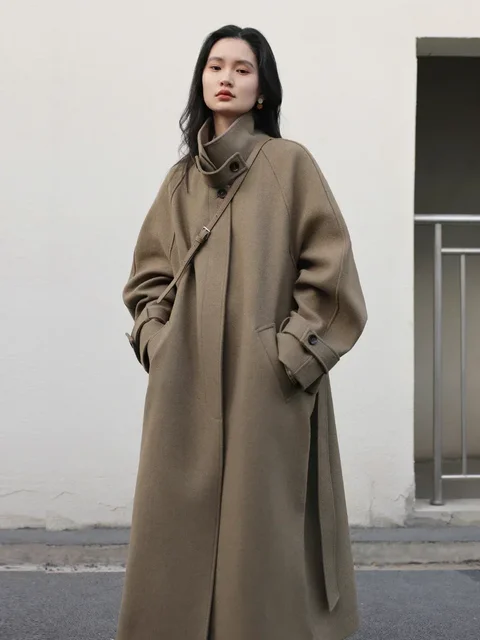 CHIC VEN Women's Long Trencn Coat Standing Belt Lace Up Woolen Coat Raglan Sleeves Long Overcoat Office Lady Autumn Winter 2024 2