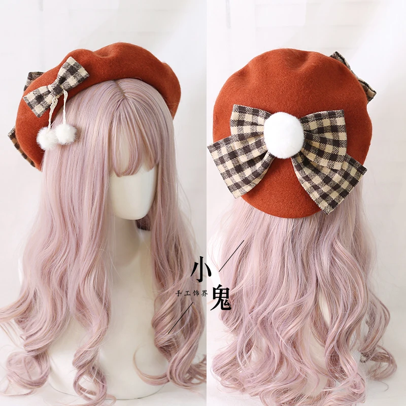 

Japanese lolita joker British beret lovely retro wool plaid bow hat in winter