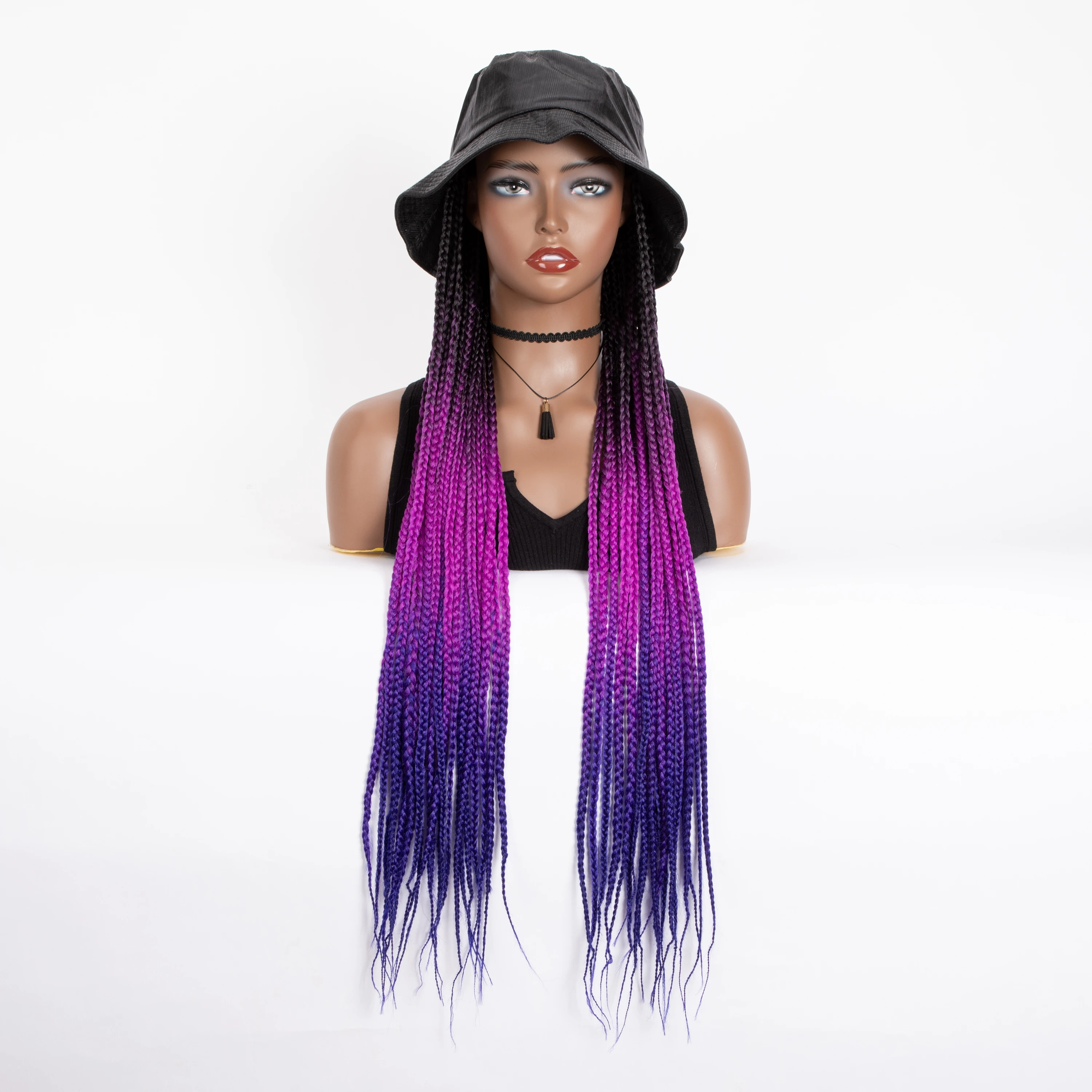 WIGERA Cheap Ombre Purple Long Box Braided Synthetic Baseball Cap Braiding Braids Wig With Hair Extensions Bucket Hat For Wemon
