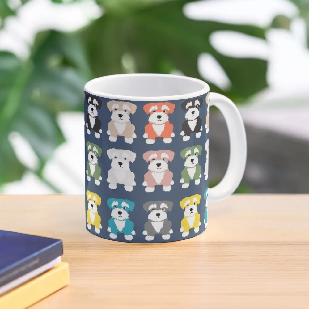 

Rainbow of Miniature Schnauzer Dogs on Dark Blue Background Coffee Mug Funnys Glasses Breakfast Cups Mug