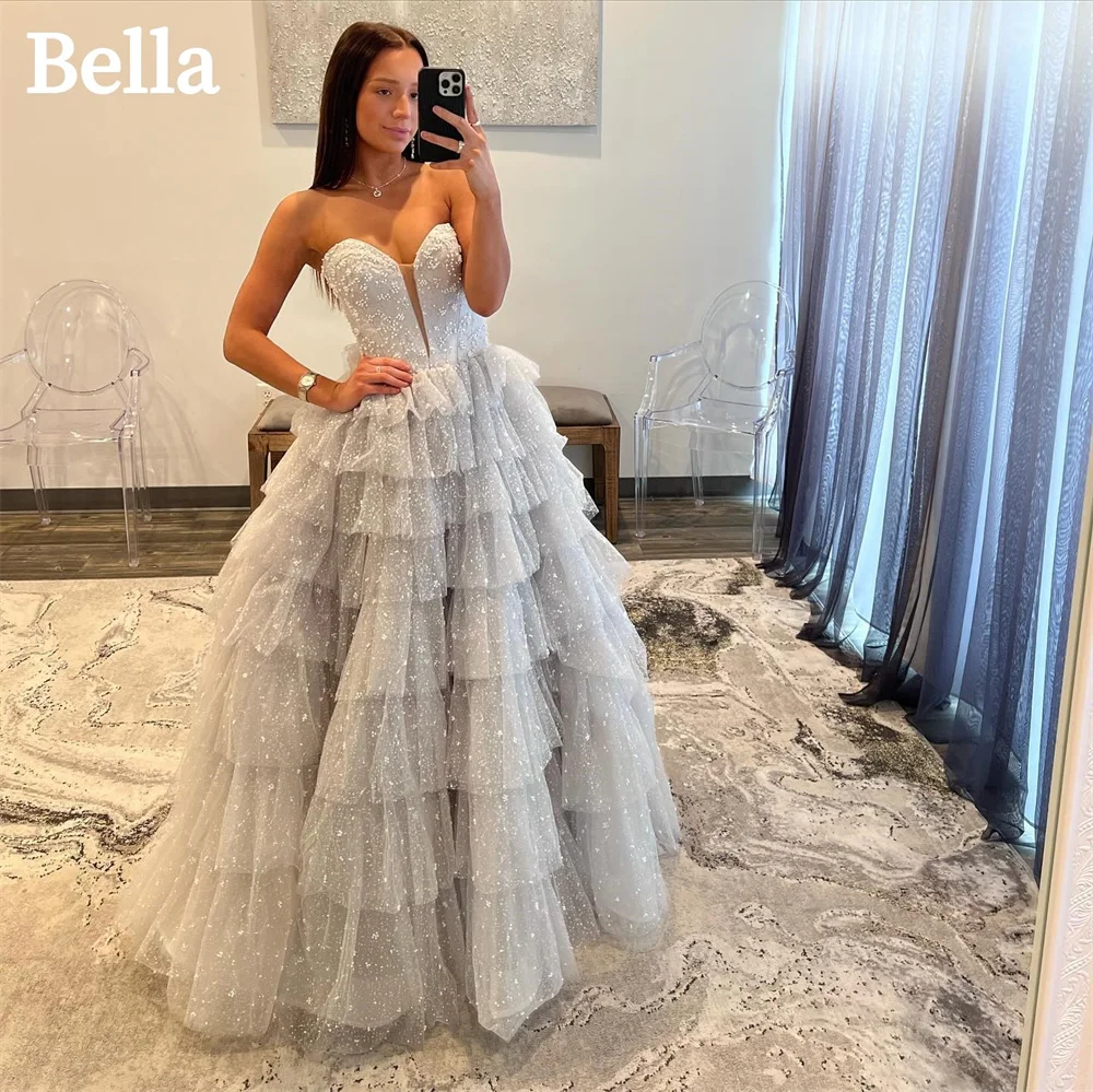 

Bella Luxury Shining Silve Prom Dresses Classic A-line Evening Dress Graceful Heart Shaped Neck Multilayer vestidos de fiesta