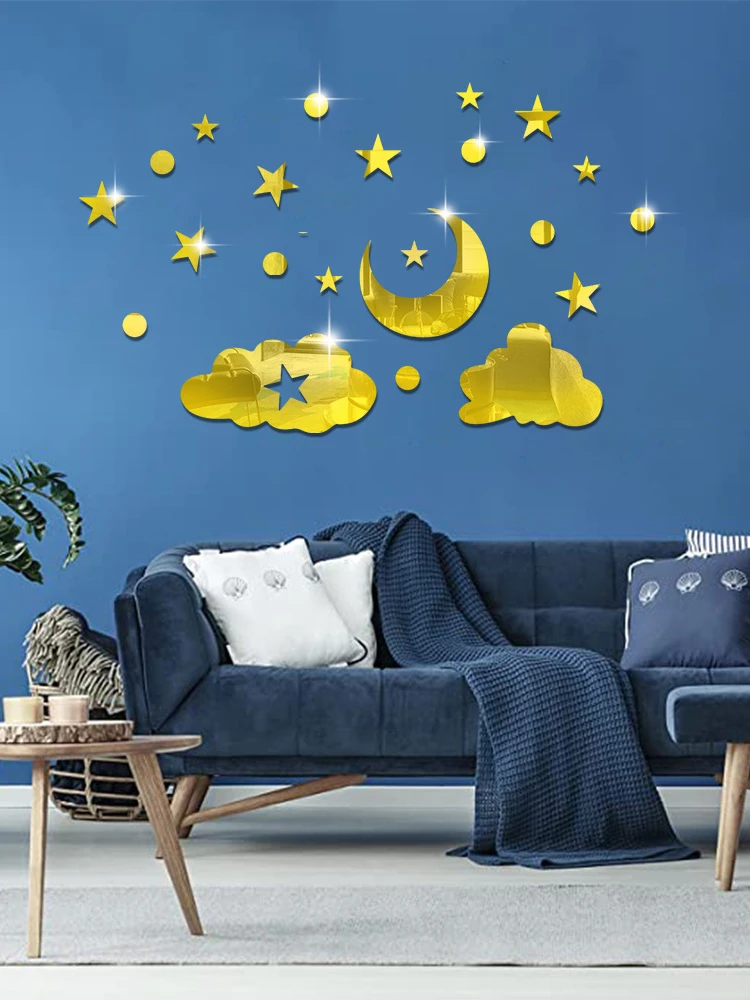 Stars moon clouds mirror 3d three-dimensional decoration wall paste bedroom wall room self-adhesive mirror stickers