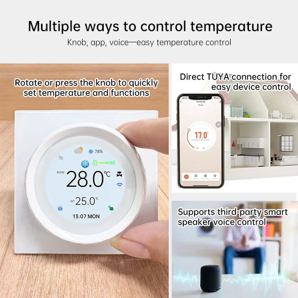 เทอร์โมสตัท Tuya WiFi ปี 2025 สำหรับเครื่องปรับอากาศ ควบคุมอุณหภูมิและความชื้น พร้อมจอ LCD ปุ่มหมุน ควบคุมผ่านแอพและเสียง รองรับ Google Alexa 1