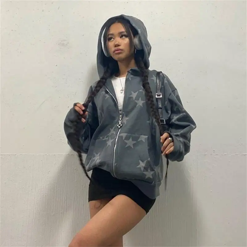 

Foreign trade hiphop American female add thick wool fleece cardigan loose hang down feeling lazy new winter coat full zip hoodie