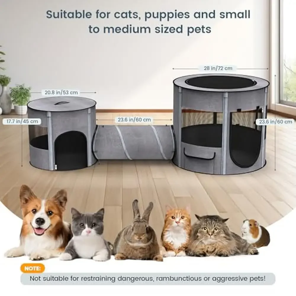 Portable Cat Playpen Tunnel 3-in-1 Foldable Puppy Pen Waterproof Bottom 2-Room Separable Pet Tent Enclosed Mesh Separable Doors