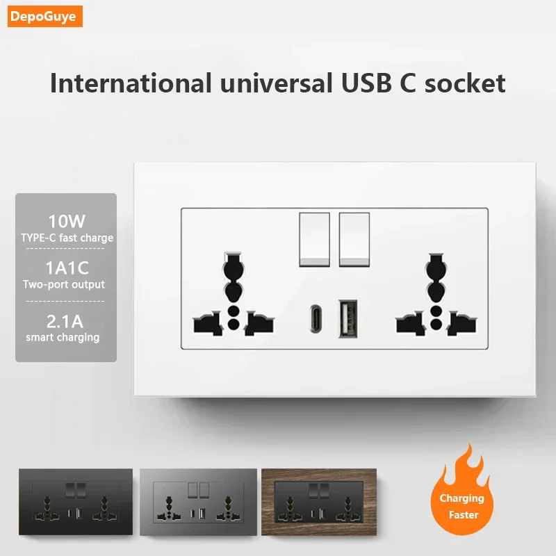Grey Universal Plug Usb C Wall Socket, 146 Uk Singapore Double 3-hole Outlet with Usb Charging,220V Electrical Switch and Socket