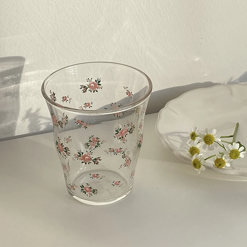 Glass Cup Rose Printed Milk Coffee Cups Household Couple Water Mug Teacup Heat Resistance Thicken Drinkware