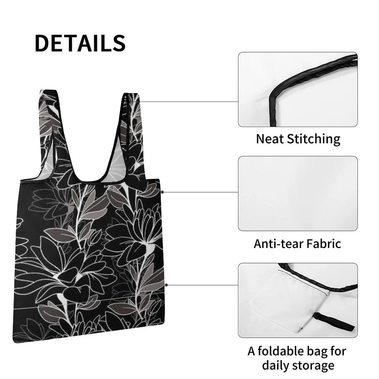 Black Elegant Full Print Handbag Portable Shopper Bag Reusable Portable High Capacity Travel Totebag All Print DIY Design