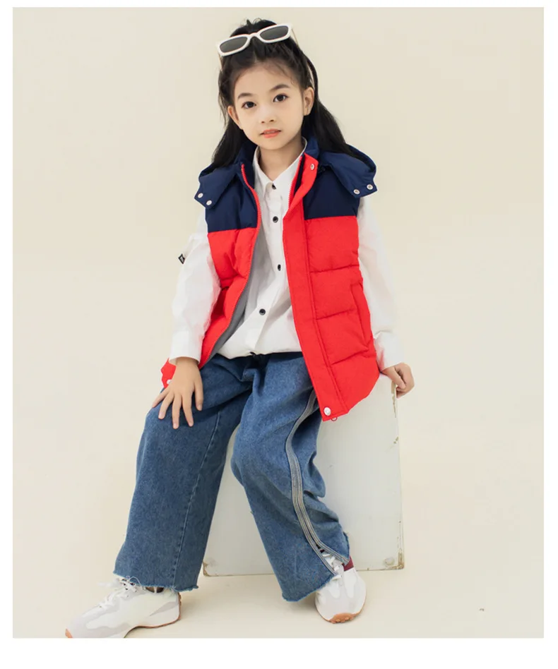 패션 키즈 패딩 조끼 후드 포함 110-160 사이즈 플리스 안감 두꺼운 따뜻한 민소매 재킷 2025 신상 아동용 외투