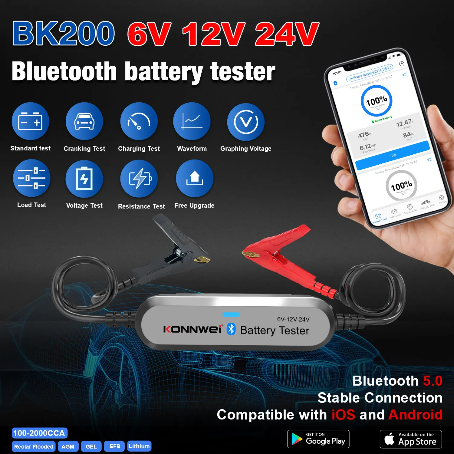 KONNWEI BK100 BK200 6V 12V 24V Bluetooth 5.0 Car Truck Battery Tester waveform Monitor 100-2000 CCA Charging Cranking Test Tools 2