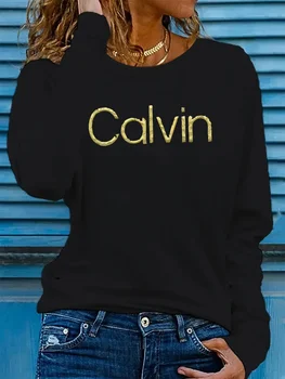 Spring and Autumn Women's 100% Cotton Fashion Casual Loose Calvin Letter Pattern Printed Long Sleeve Round Neck T-shirt