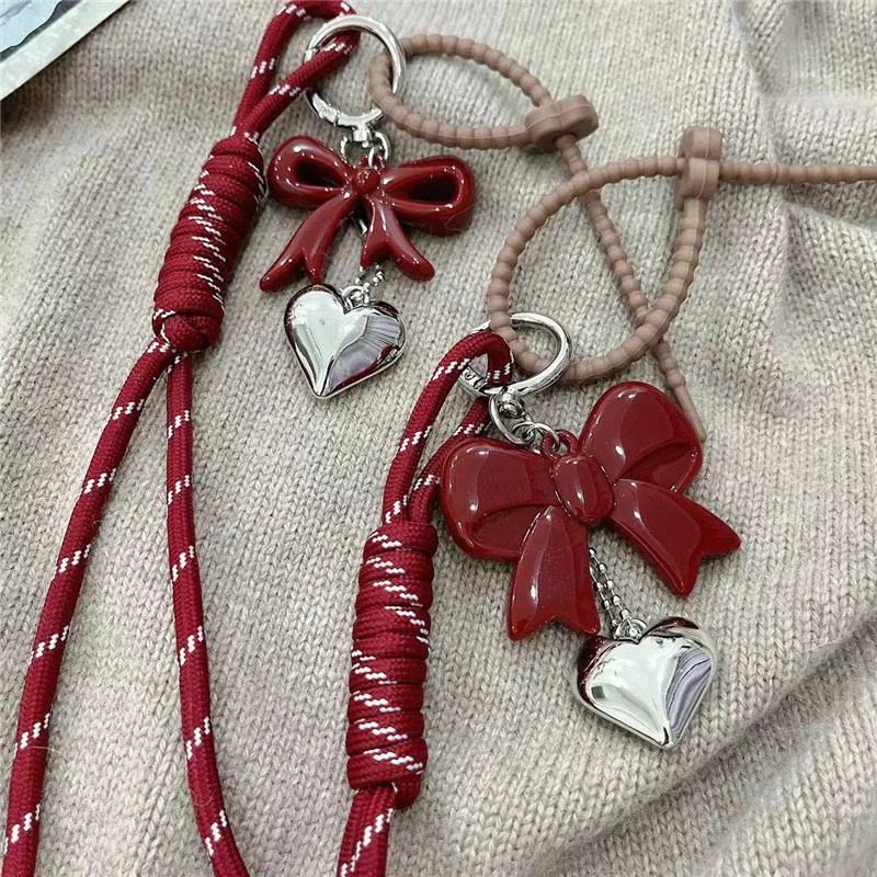 Fashionable Heart Leather Rope Keychain Handmade Y2K Bag Pendant Ornaments Cherry Bow Mobile Phone Lanyard Gifts