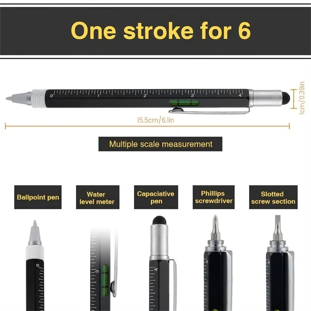 6in1 Multi-function Pen With Slotted/Cross Screwdriver Capacitive Pen With Light Spirit Level Ballpoint Writing Supplies