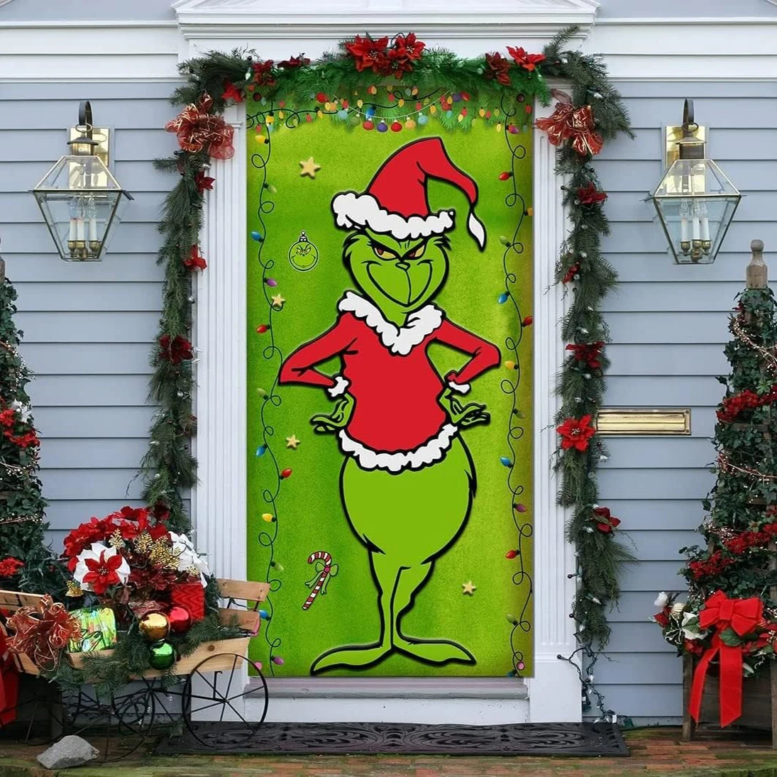 GrinchChristmasDoorCoverDecorationsGrinchGreenBackdropMerry