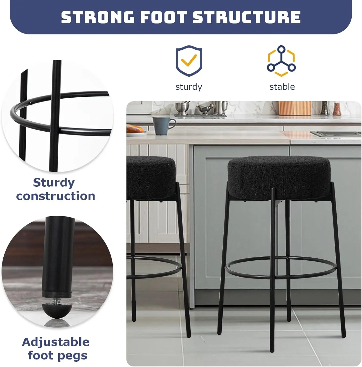 Modern Bar Stools Set of 2, 30" Sherpa Counter Height Stools with Round Soft Padded Boucle Backless Seat