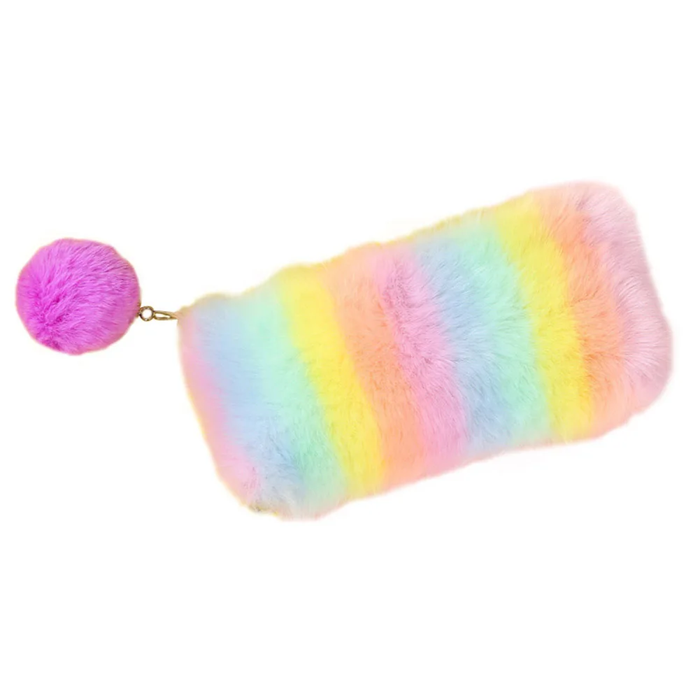 

1 Pcs Rainbow Color Plush Pencil Case Makeup Bags Pompom Ball Decor Stationery Pouch