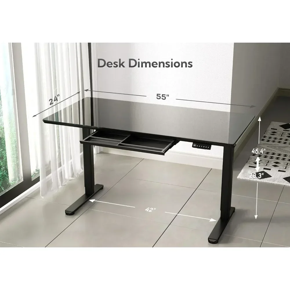 ergonomic black standing desk with storage drawers, 55"x24" height-adjustable desk for home office, easy assembly computer desk