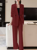 ZANZEA Korean Fashion Blazer Tops 2pcs Suits Autumn 2024 Solid Color Women Elegant Pant Sets Trousers Commute Blazer Suits - Image 4
