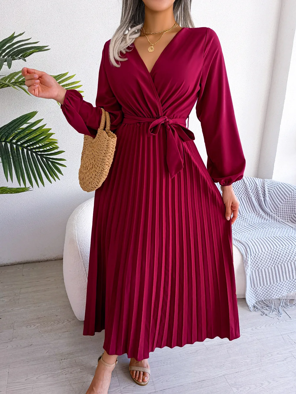 Pleated V-neck Long Sleeve Satin Dress with Pockets Regency