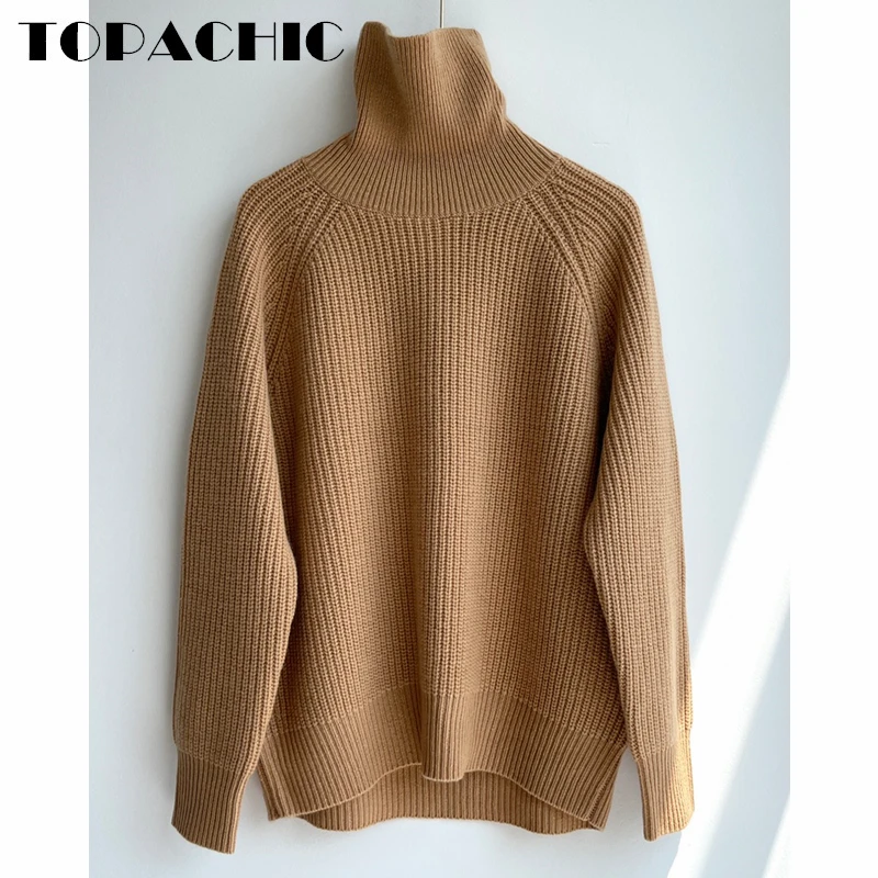 

10.17 TOPACHIC Women's High Quality Solid Color Sweater Cashmere Knitted Turtleneck Pullover