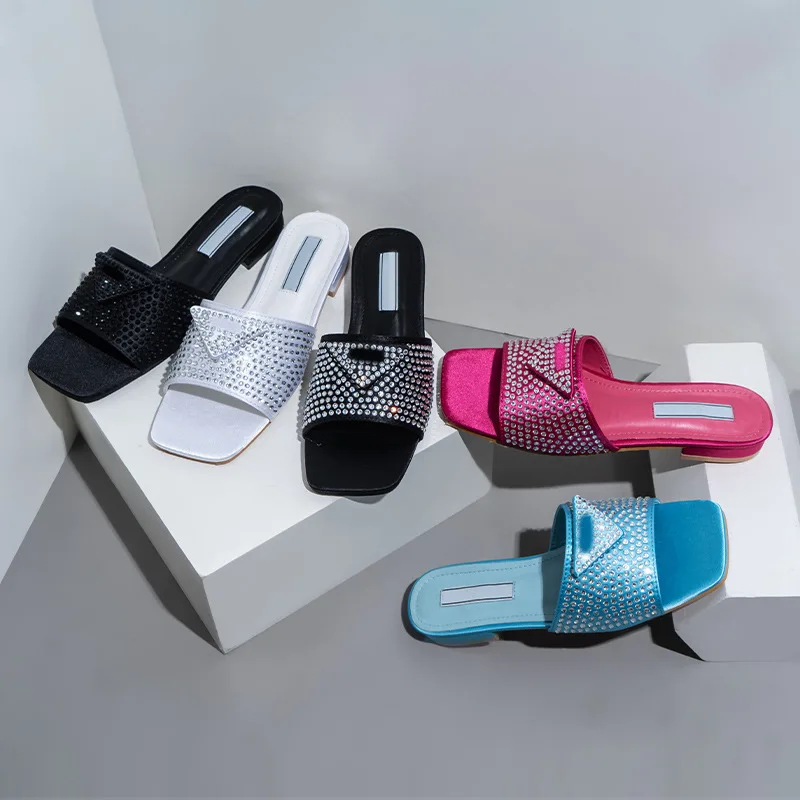 Summer Slippers Rhinestone Triangle Standard Low Heel Slippers Women Wear Internet Celebrity Slides Thick Heel Women Sandals