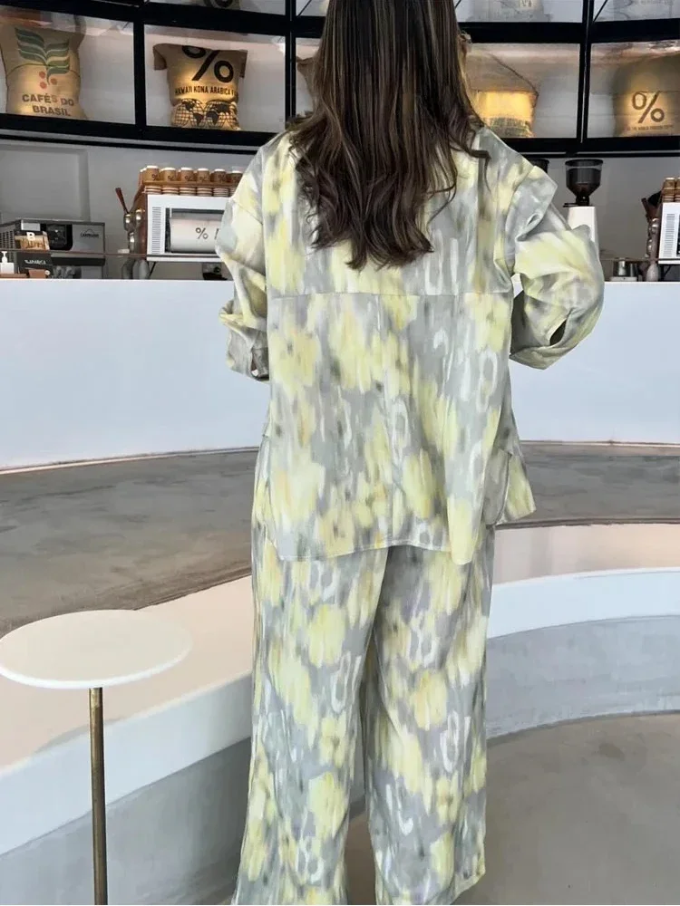 ZABA Women's Tie-Dye Printed Set Lapel Shirt Asymmetric Button Long Sleeve Shirt and Casual High-Waisted Loose Wide-Leg Trousers