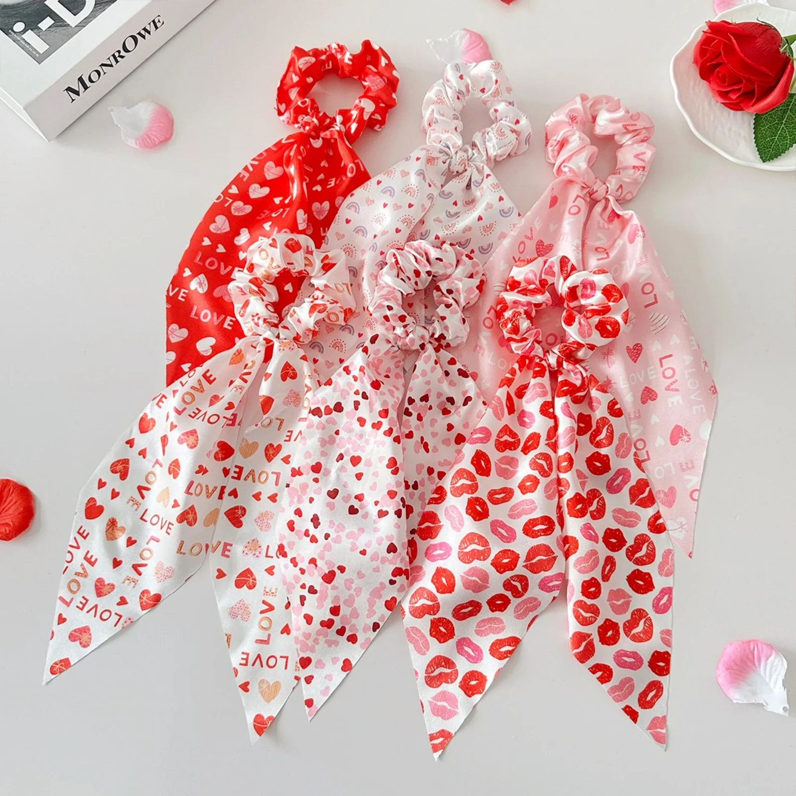 1PC Valentine's Day Scarf Scrunchies, Heart Love Pattern Hair Ties, Satin Bow Hair Accessories For Women, Romantic Hair Bands