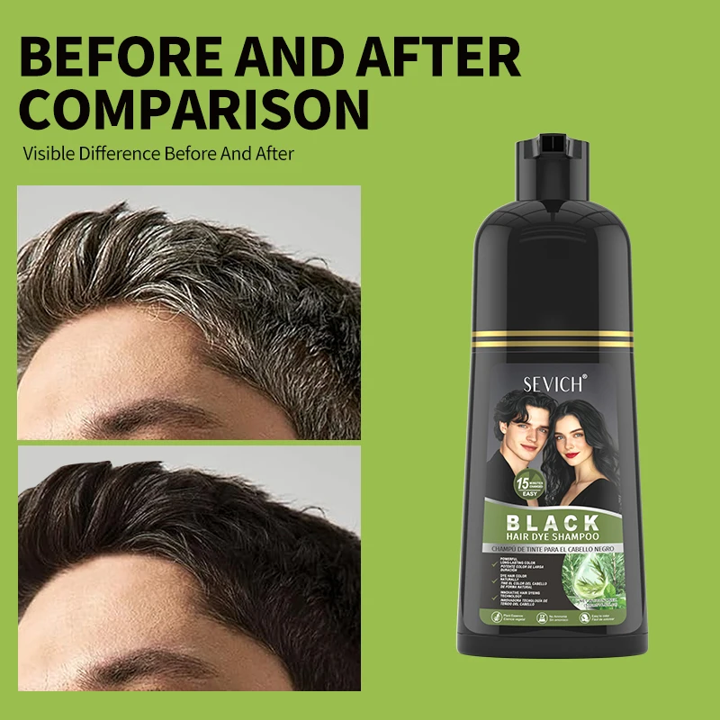 Shampoo colorante per capelli neri al rosmarino 500ml Shampoo colorante istantaneo per capelli a base di erbe fai da te da grigio a nero per donne e uomini - immagine 3