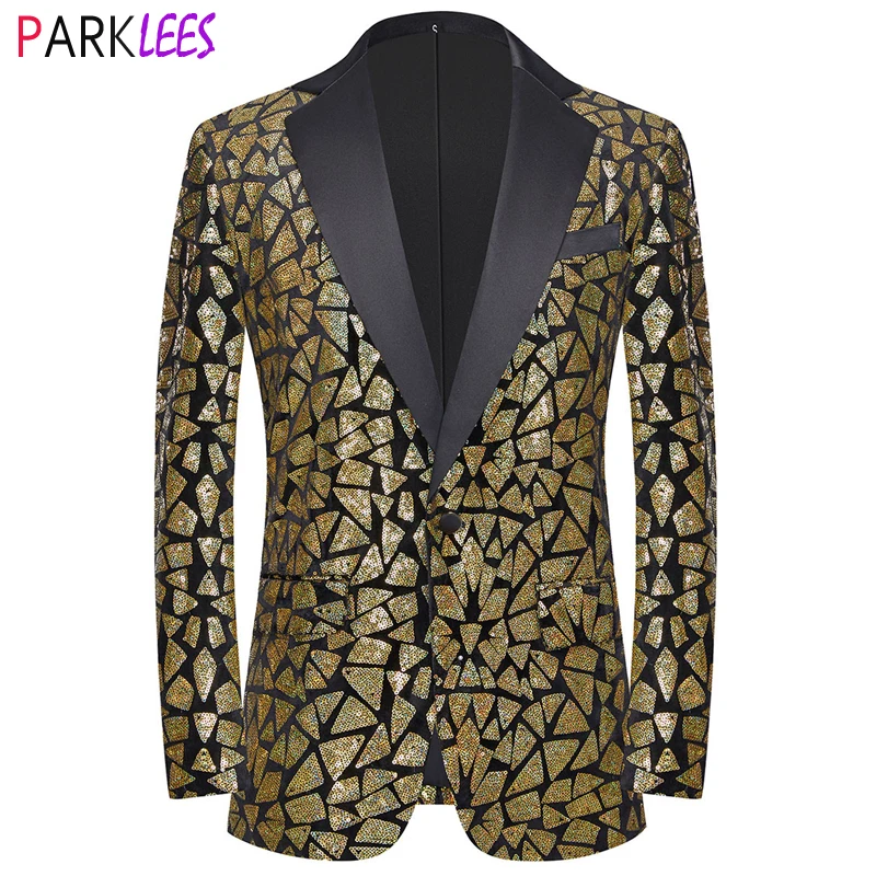 

Золотой треугольный Блестящий блейзер с блестками, мужской пиджак с отворотами на одной пуговице, блестящий пиджак, мужской смокинг для свадебной вечеринки, выпускного вечера, 3XL