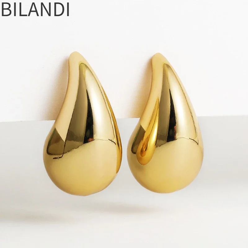 Gold Earrings Bilandi Vintage Temperament Chunky Dome Drop Women Glossy Teardrop Lightweight Hoops Fashion Jewelry