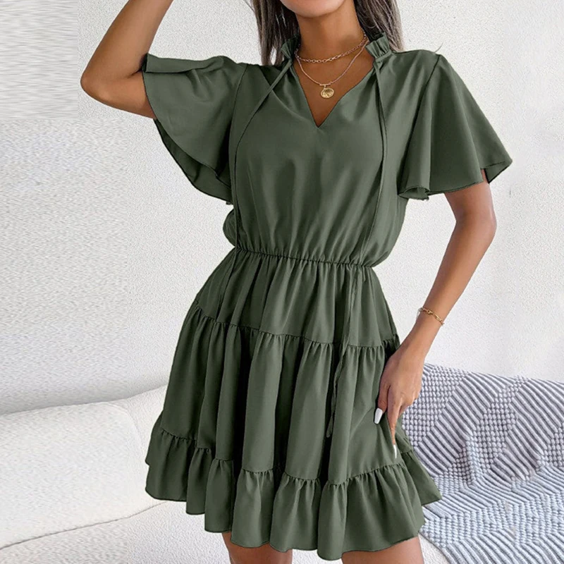 

New Butterfly Sleeve High Waist Party Dress Female Solid Color Lace-up Ruffles Mini Dress Fashion V Neck Holiday Pleated Dresses