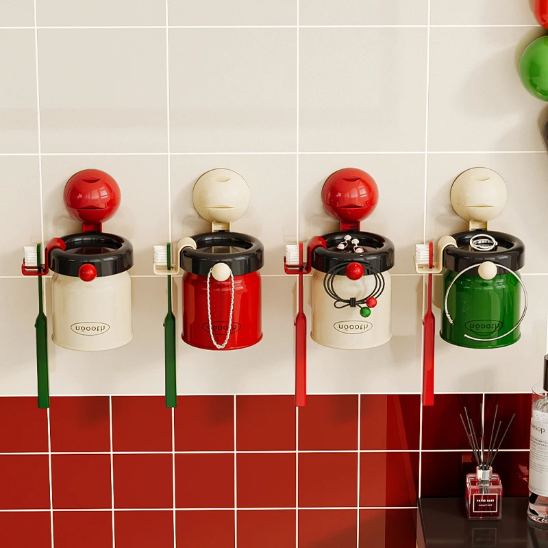 Suction Cup Toothbrush Holder No Punching And No Glue Teeth Cup Storage Bathroom Supplies Magnetic Mouthwash Holder