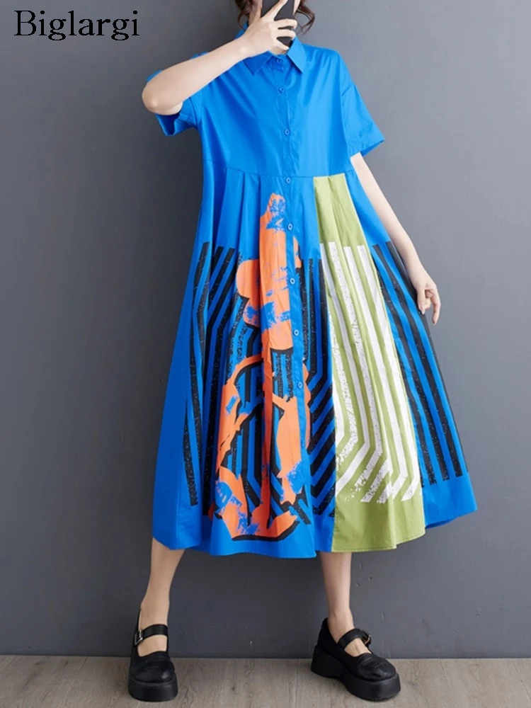 

Женское Плиссированное Платье-рубашка средней длины, свободное Повседневное платье в полоску с принтом граффити и оборками, большие размеры, на лето