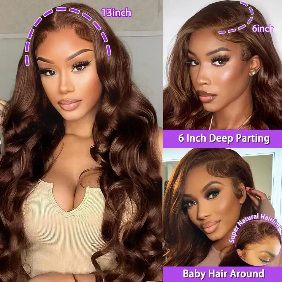 Body Wave Chocolate Brown Human Hair Wig 13X6 13X4 Lace Front Wigs 30 34 Inch Preplucked Lace Frontal Colored Wig Brazilian Wigs
