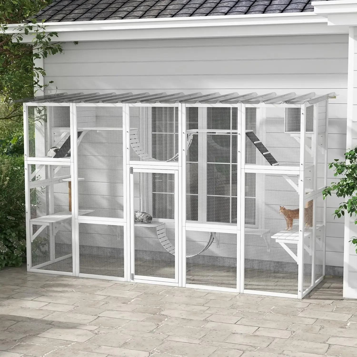 House with Weather Protection Roof for Multiple Kitties, Wooden Frame, Shelves & Bridges, 118" x 37.5" x 74", Yellow
