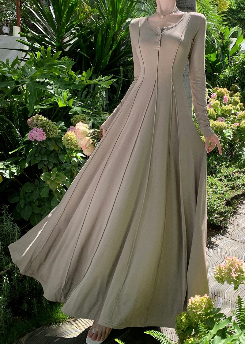 Casual Knitted Dresses for Women Long Sleeves Square Collar A-line Autumn Maxi Dress Korean Fashion Solid Vestidos Mujer New