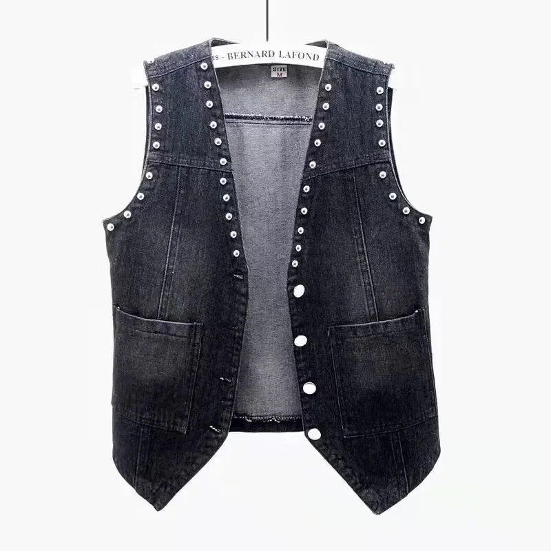 여성용 레이스 비즈 데님 조끼, 용수철 민소매 재킷, 루즈 빈티지 청바지 조끼, 타이드 R359, 패션 가디건, 2024 신상
