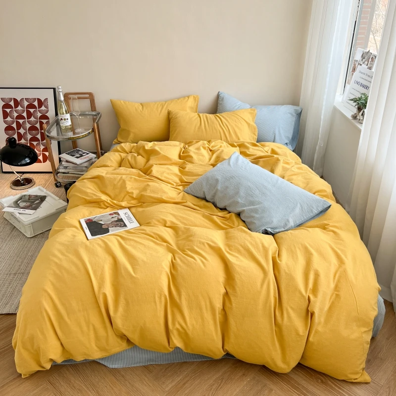 

1.2m 1.5m 1.8m 2m Double Spell Solid Color Washed Cotton Bedding Set Duvet Cover Bed Linen Fitted Sheet Pillowcases Home Textile