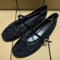 Mesh Embroidery Flower Ballet Flats Women Comfort Round Toe Breathable Mary Jane Shoes Fashion Brand Designer Shoes for Ladies