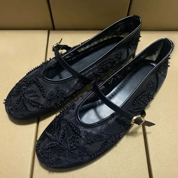 Mesh Embroidery Flower Ballet Flats Women Comfort Round Toe Breathable Mary Jane Shoes Fashion Brand Designer Shoes for Ladies 1