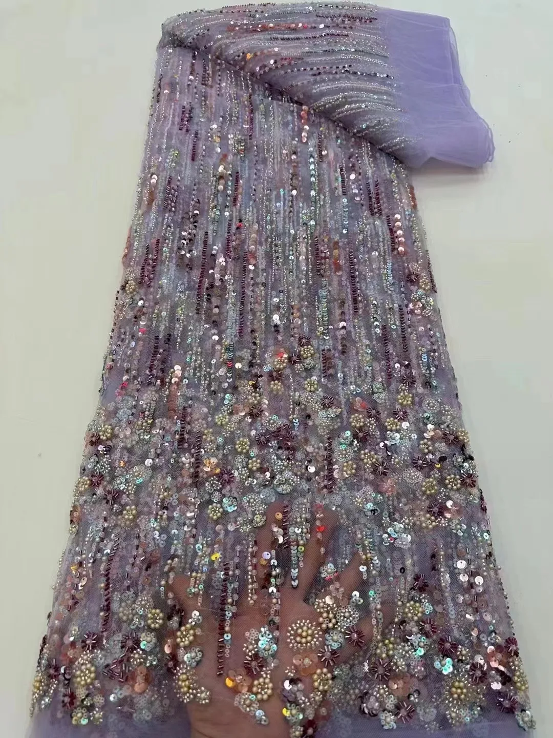 

Latest Heavy Beaded Embroidery African Wedding Fabric Lace for Sewing,5 Yards Nigerian Sequins Fabric French Tulle Lace Fabrics