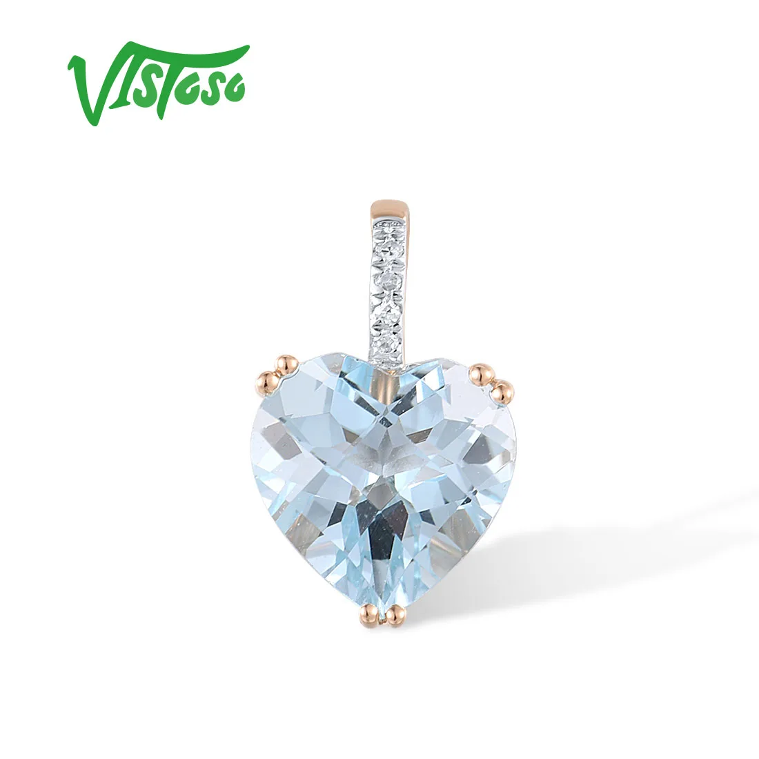 

VISTOSO Genuine 14K 585 Rose Gold Solitaire Heart Pendant For Women Sparkling Diamonds Sky Blue Topaz Classic Daily Fine Jewelry